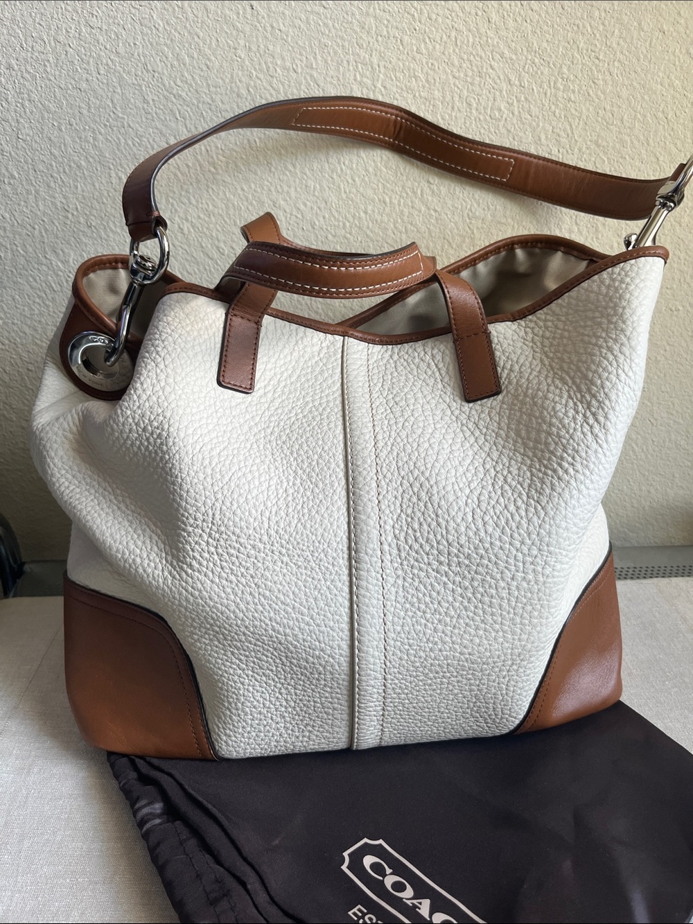 Coach Hadley Luxe, Cream Pebbled Leather Tote with Brown Trim